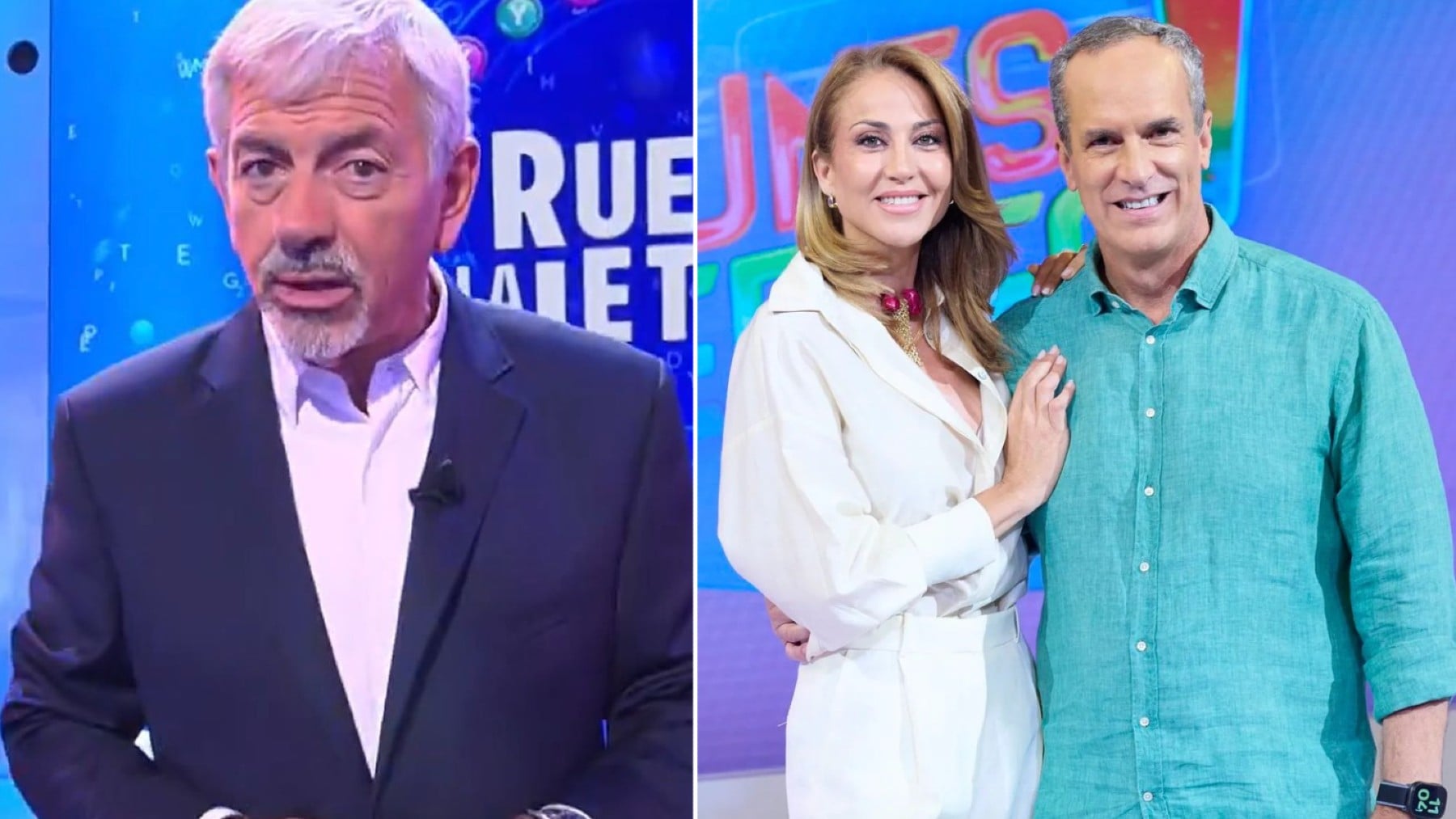 Carlos Sobera en ‘Rueda la letra’. Beatriz Archidona y Santi Acosta en ‘De lunes a viernes’ (Mediaset).