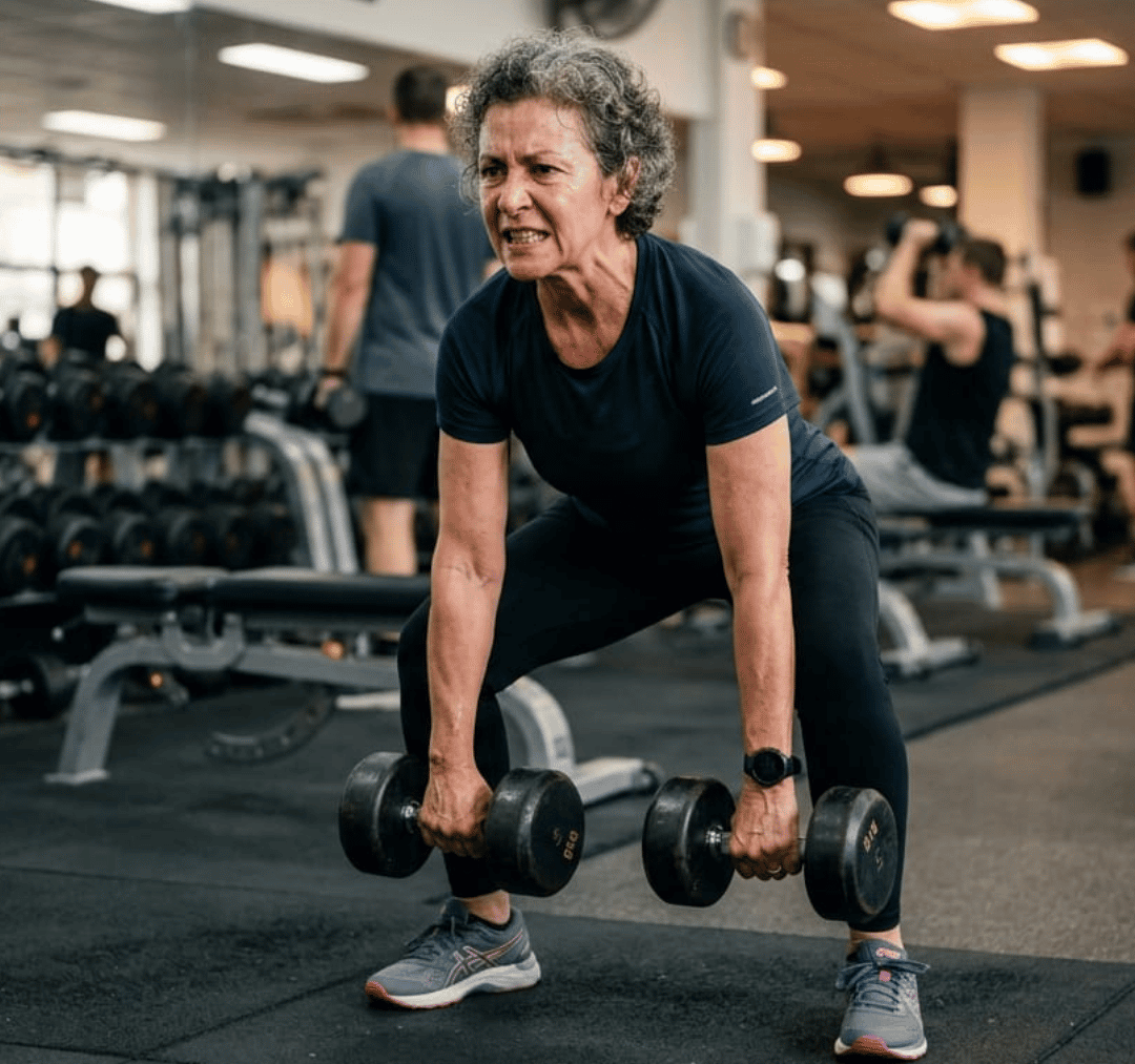 Mujer de 60 años entrenando en el gimnasio