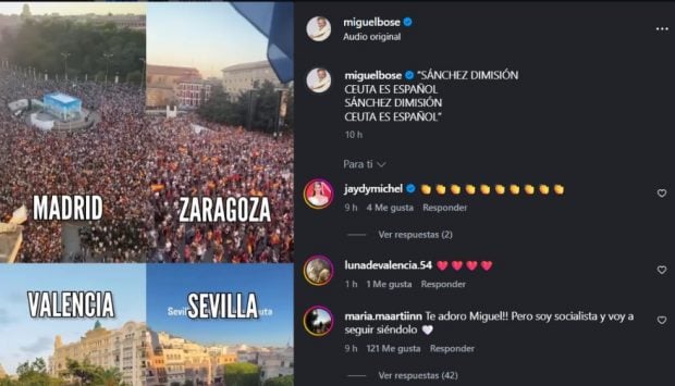 Captura de pantalla de los mensajes de Miguel Bos&eacute; contra Pedro S&aacute;nchez (Instagram)