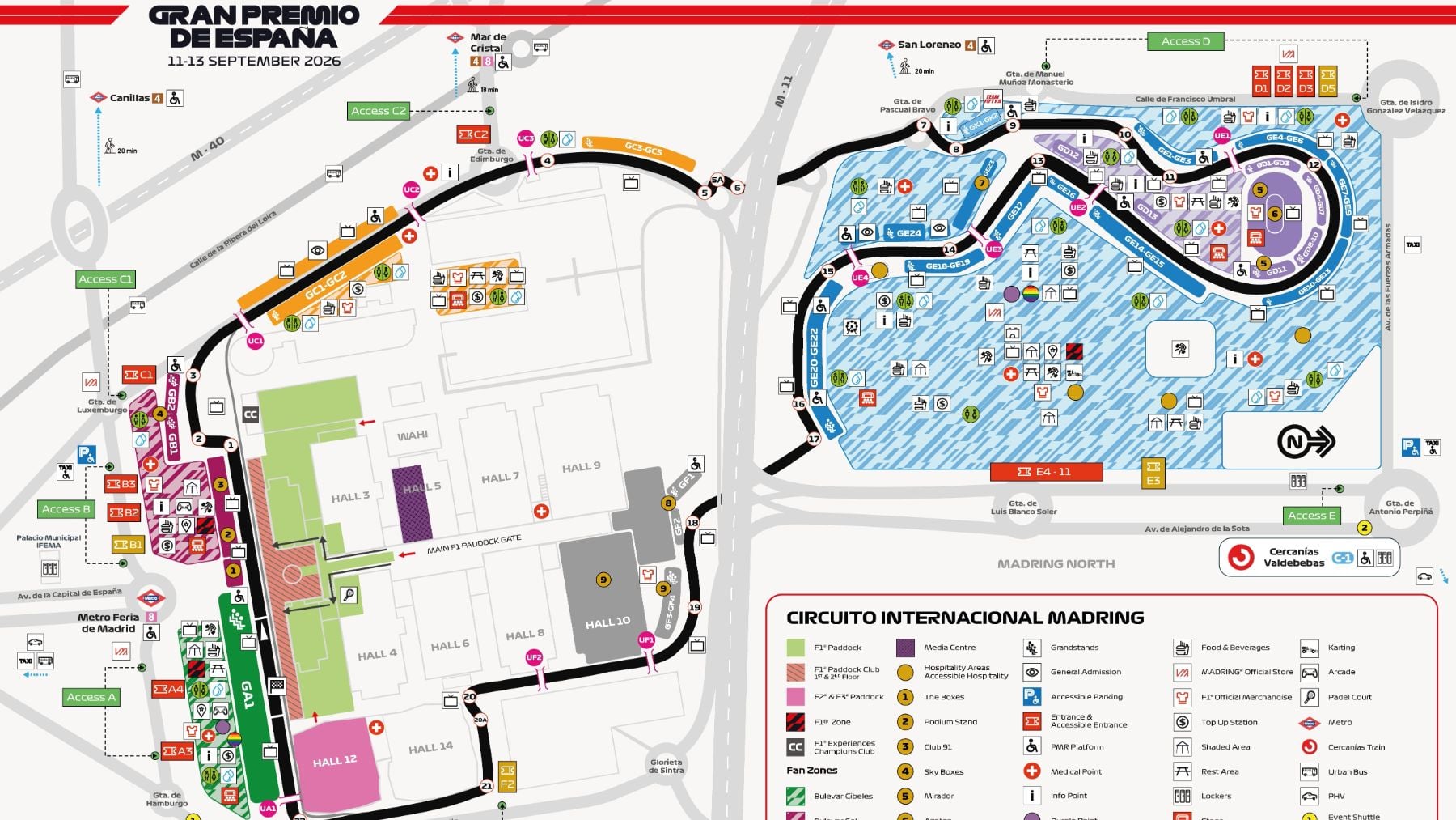 Así es el mapa definitivo del circuito de MADRING: gradas, accesos, servicios y aparcamientos