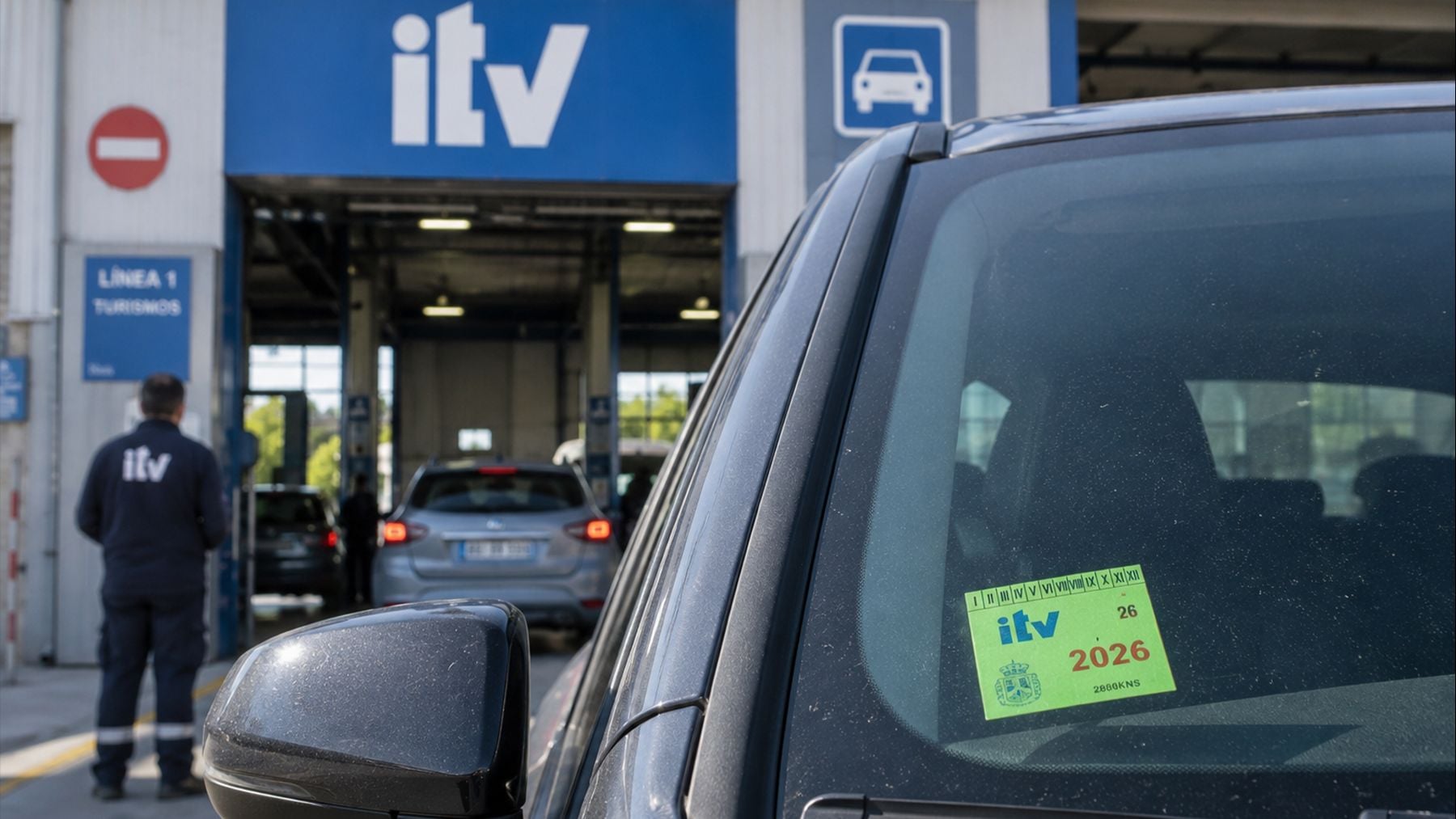Coche con la pegatina de la ITV. (Foto generada por IA)