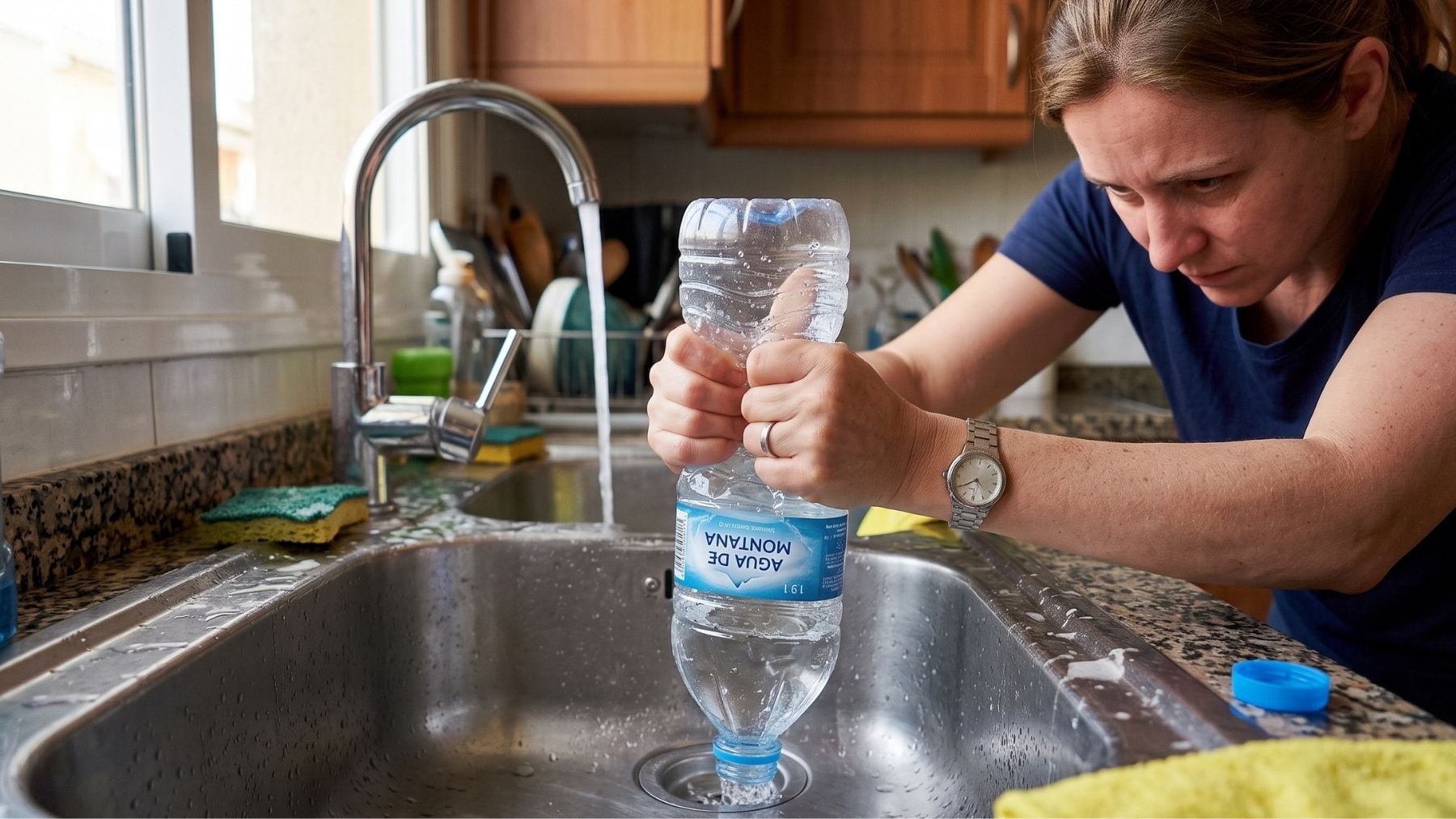 Mujer presiona con fuerza una botella de agua contra el desagüe.