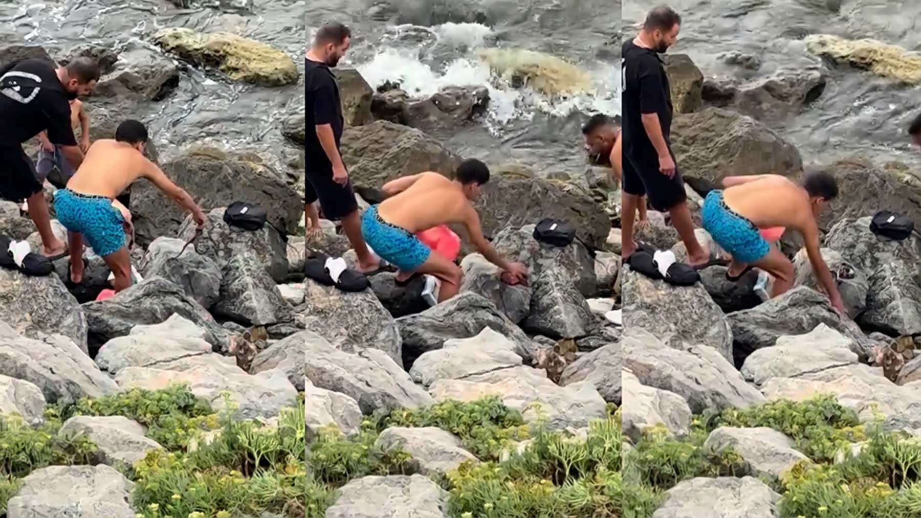 Un grupo de inmigrantes marroquíes pesca un pulpo y lo mata a pedradas en una playa de Ceuta