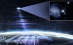 Ilustración de la red CHIME localizando la ráfaga rápida de radio RBFLOAT en su galaxia de origen