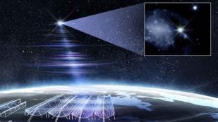 Ilustración de la red CHIME localizando la ráfaga rápida de radio RBFLOAT en su galaxia de origen