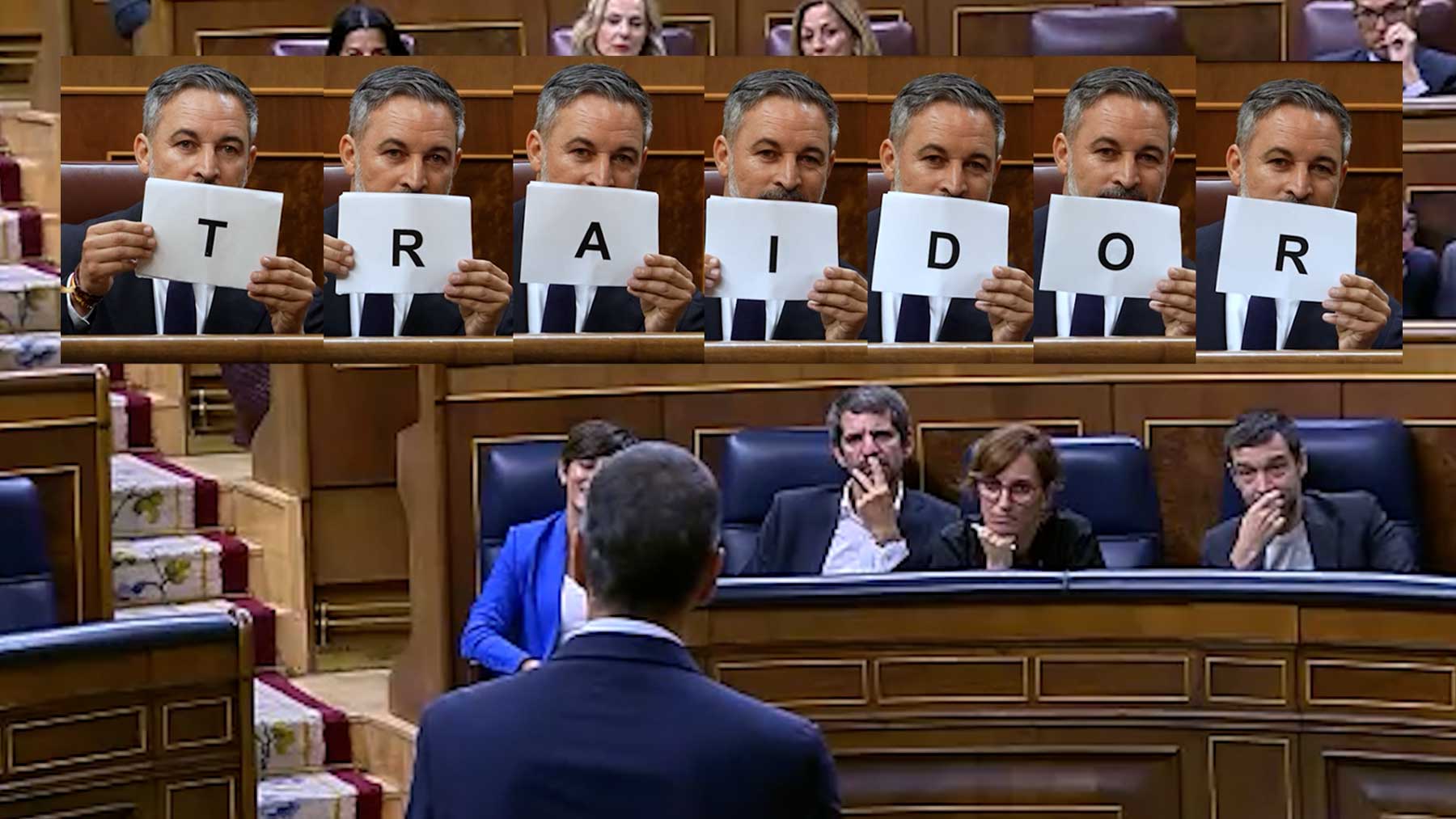 Abascal muestra a Sánchez una a una las letras de traidor mientras el presidente le responde