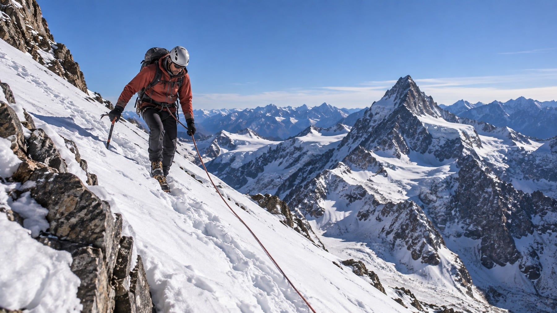 Recreación de un alpinista descendiendo por una ladera nevada.