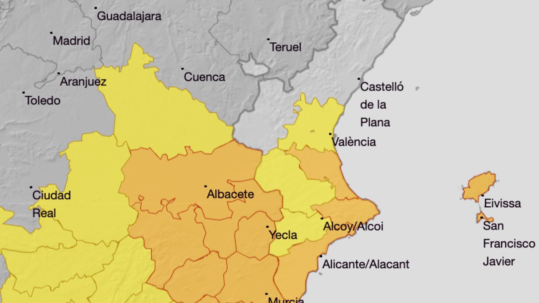 Mapa de alertas en la Comunidad Valenciana. (Foto: AEMET)