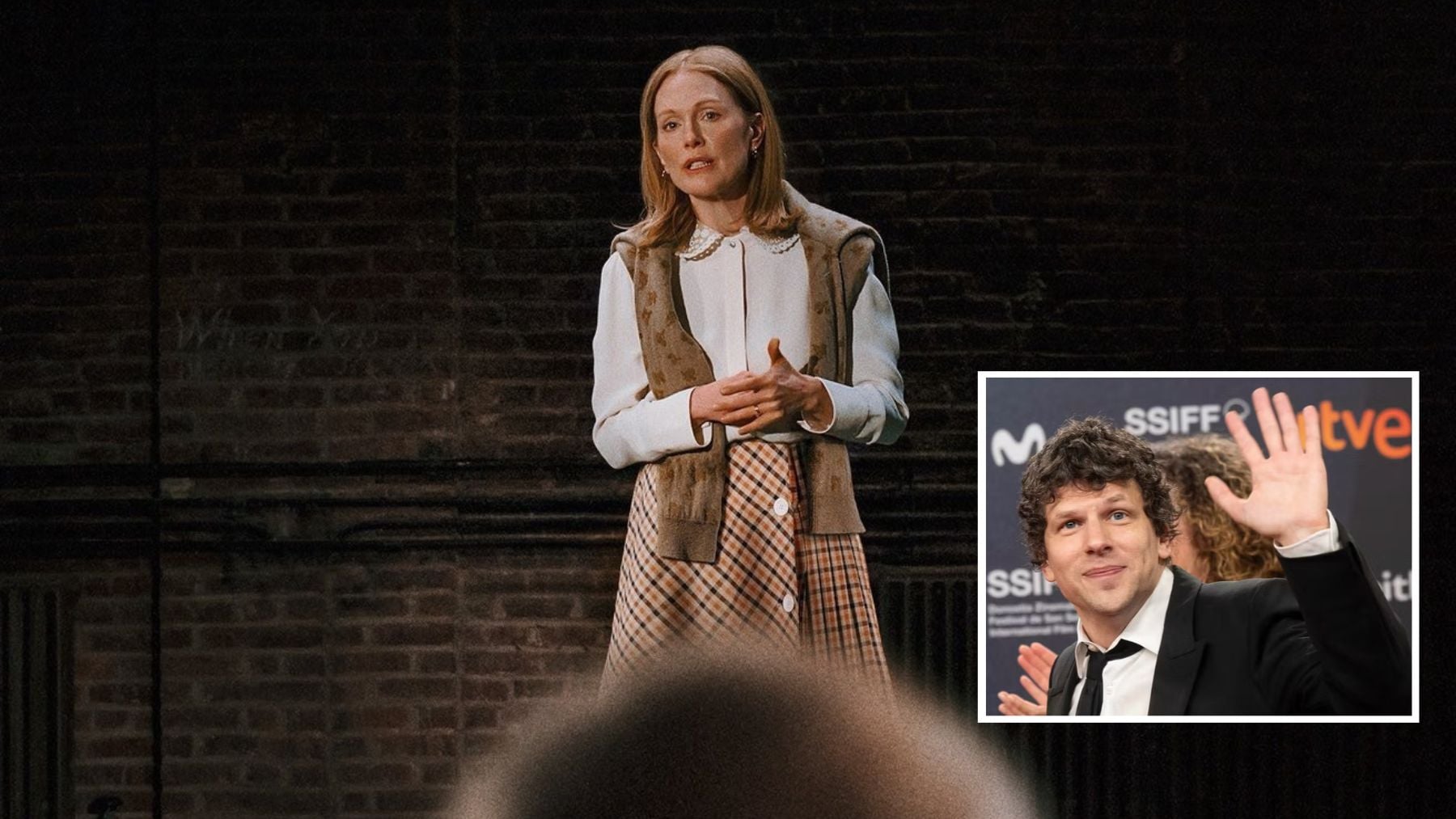 Julianne Moore en ‘El debut’ y Jesse Eisenberg en el Festival de San Sebastián. (A24 / E.P.)
