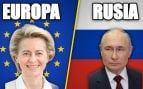 Fotomontaje de Ursula von der Leyen sobre la bandera de la Unión Europea y Vladimir Putin sobre la bandera de Rusia con los textos Europa y Rusia