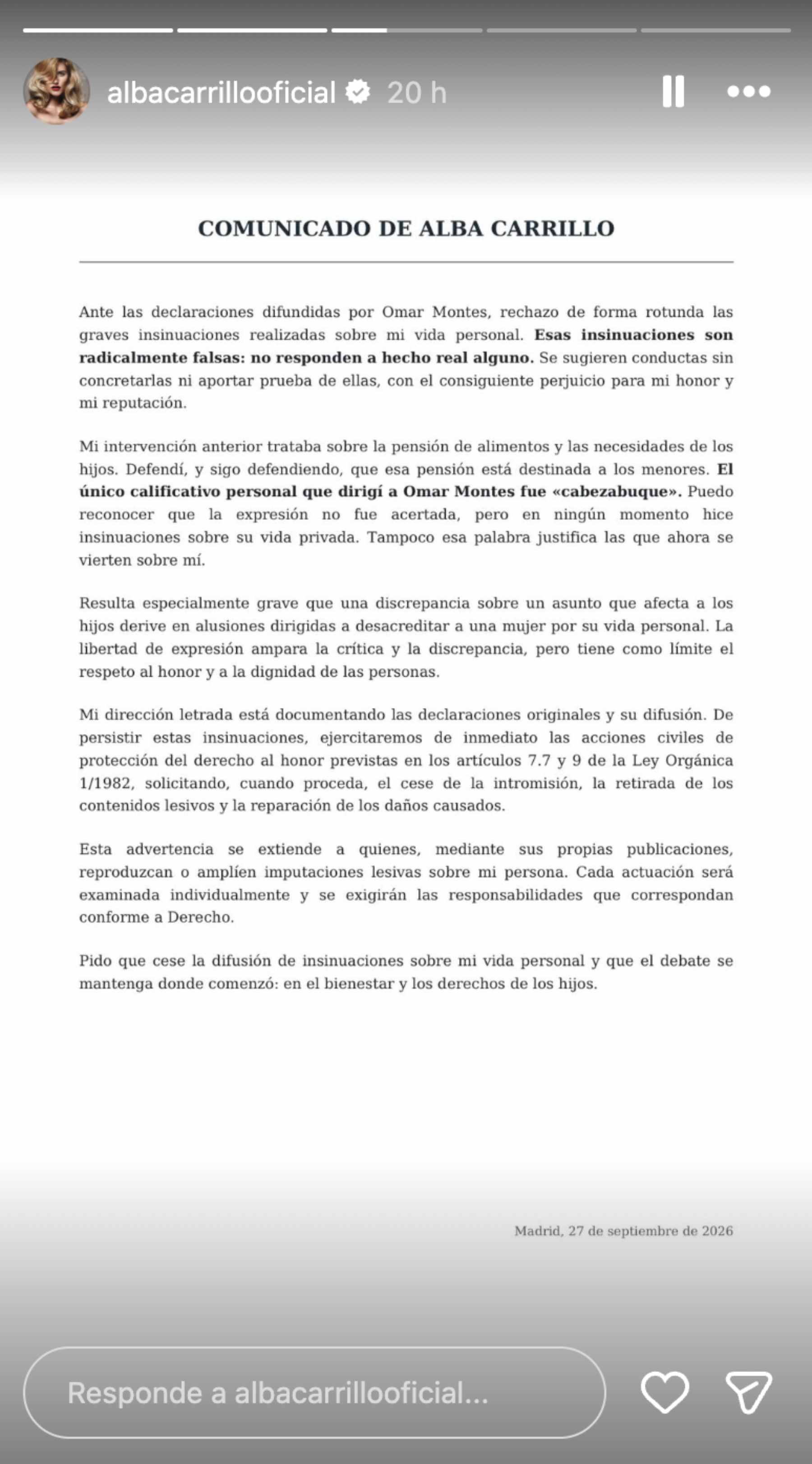 Comunicado oficial de Alba Carrillo. (Foto: @ albacarrillooficial)