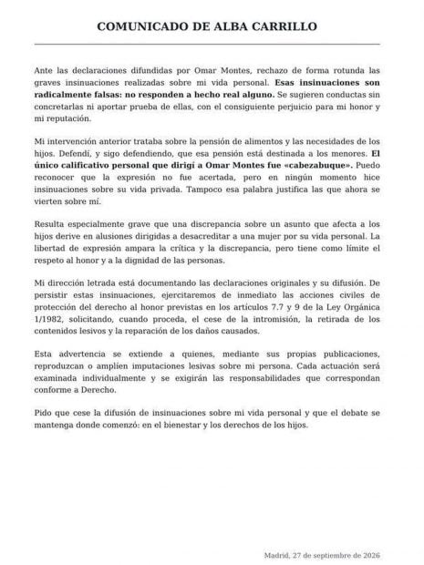 Comunicado de Alba Carrillo tras los ataques de Omar Montes.