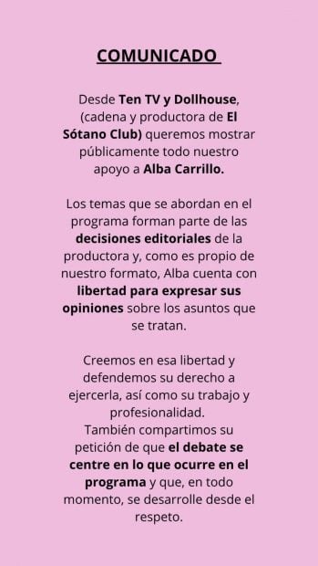 Comunicado de Ten TV y Doll House, productora y cadena en las que trabaja Alba Carrillo (X).