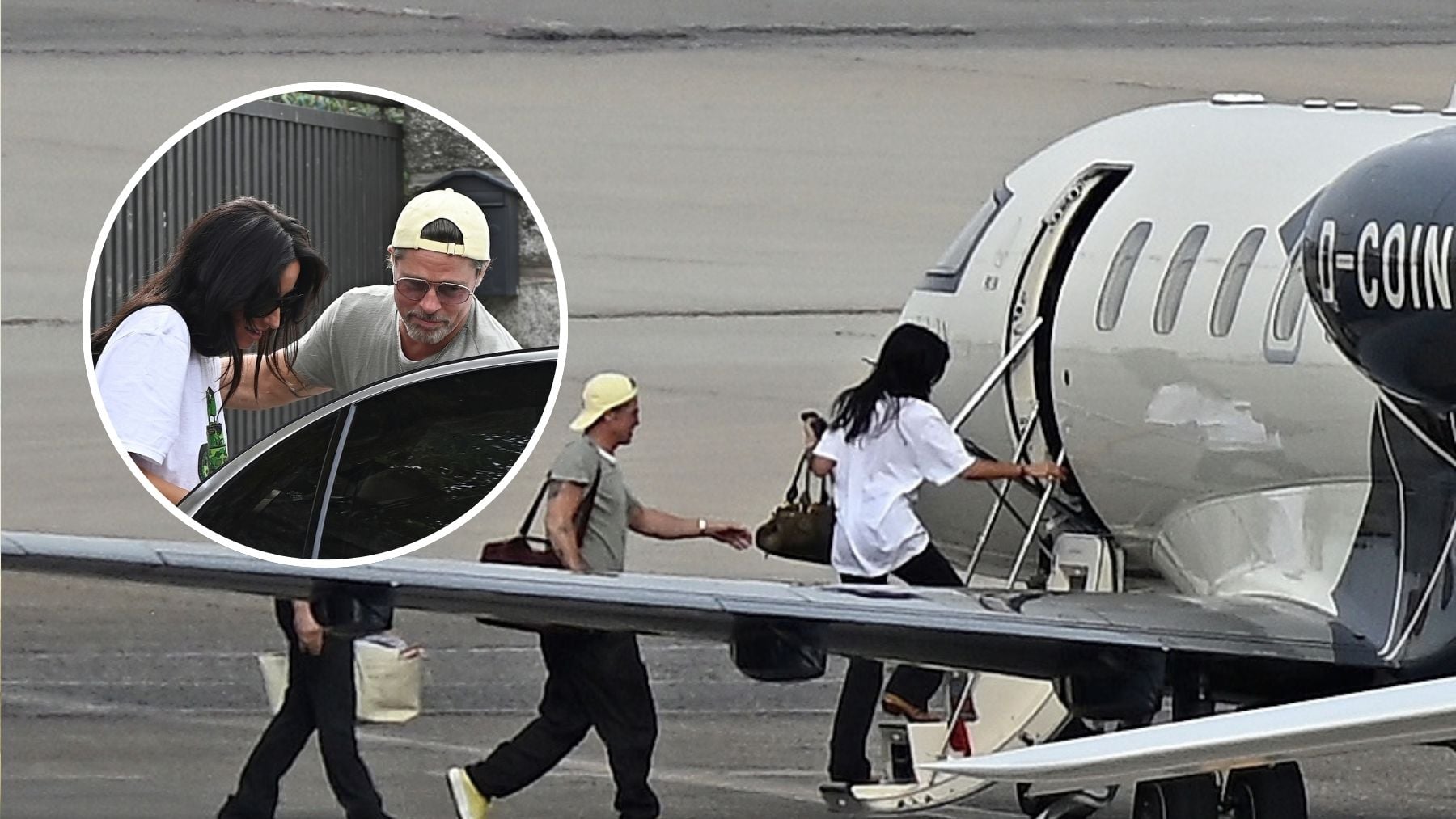Brad Pitt e Inés de Ramón subiendo a su jet privado. (Foto: EP)