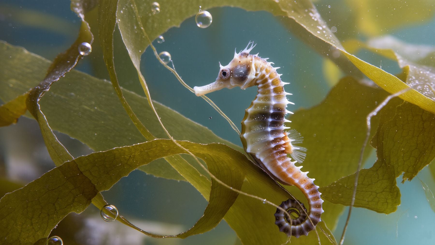 Un caballito de mar nadando entre las algas.