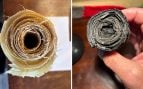 Un rollo de papiro antes (izquierda) y después (derecha) de ser carbonizado en laboratorio, para replicar las condiciones de la erupción del Vesubio. Foto: Seiler et al. - PLOS ONE, CC BY 4.0
