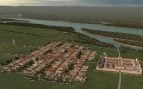 Recreación de la posible ciudad romana de Claudivium, en Stein, a orillas del Danubio, con el anfiteatro al fondo. Foto: Universidad de Innsbruck