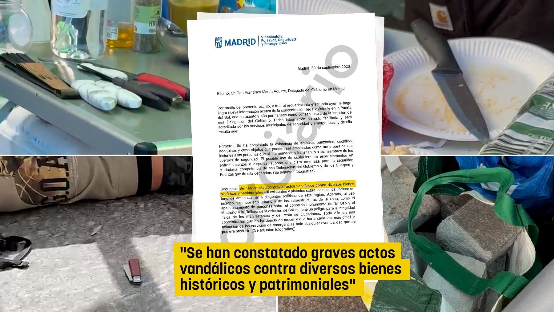 Almeida envía a Marlaska un documento que muestra adoquines y grandes cuchillos en la acampada de Sol