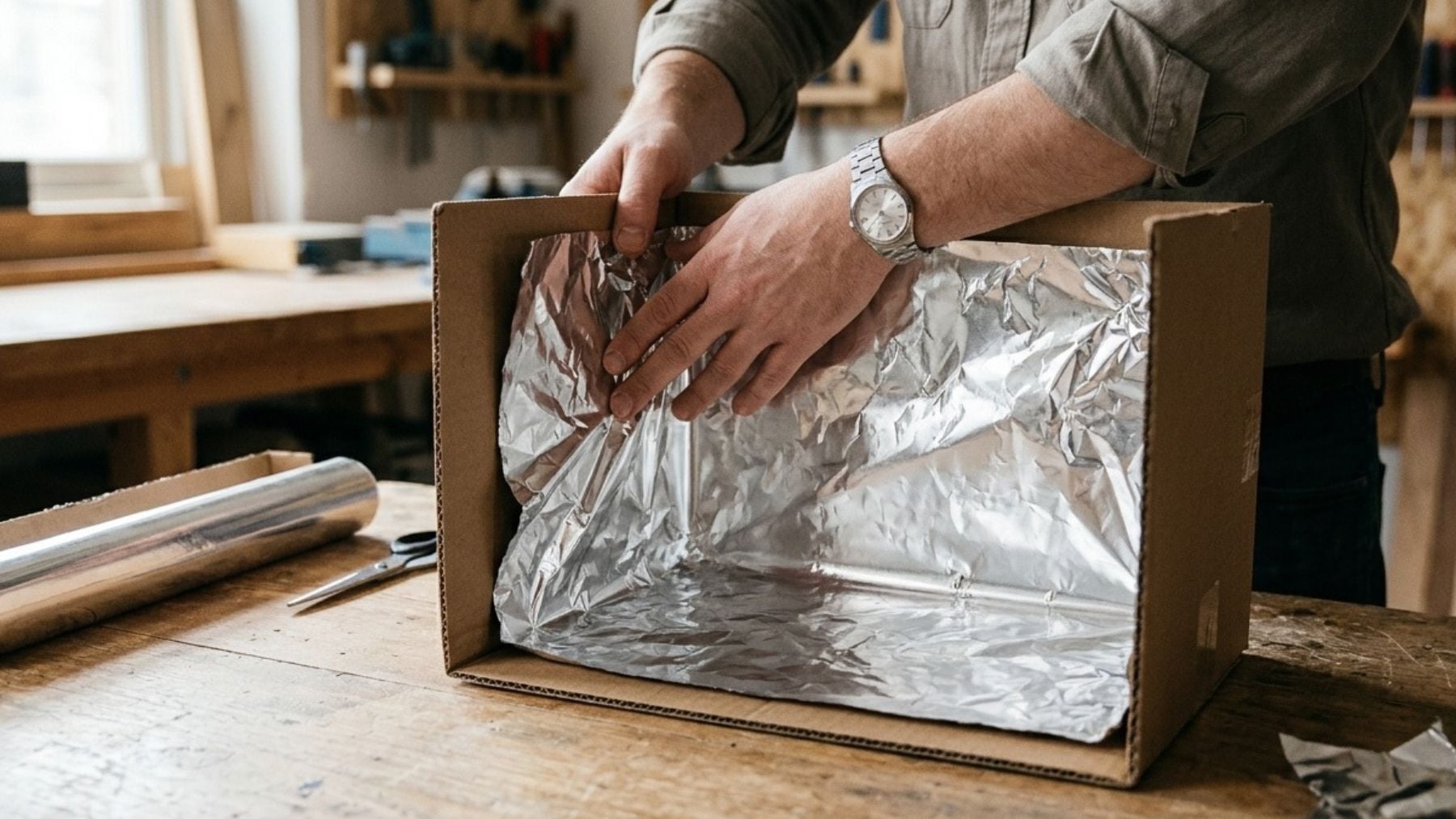 Recreación artística de una caja forrada con papel de aluminio. Foto: elaboración propia con IA