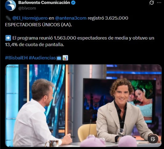 Captura de pantalla de la audiencia de El Hormiguero (Barlovento/X).