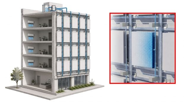 Recreaci&oacute;n del sistema Urban Dew, con un panel de n&uacute;cleo giroide montado sobre la fachada junto a las tuber&iacute;as verticales que reparten el agua de condensaci&oacute;n del aire acondicionado. Imagen: Haecheol No (James Dyson Award)