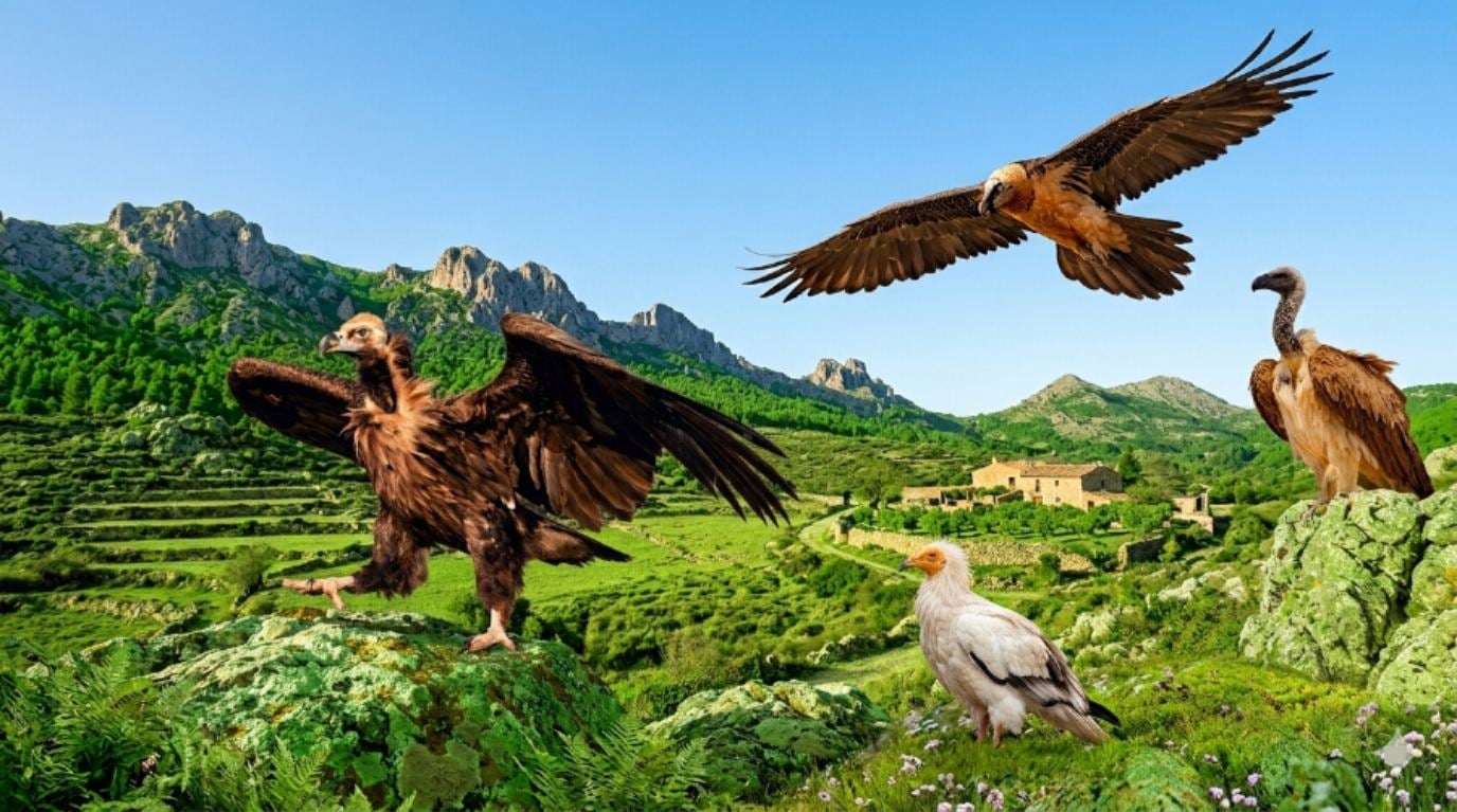 Las cuatro especies de buitre en España. Montaje generado por IA.