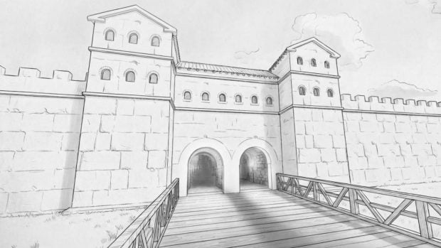 Reconstrucci&oacute;n de la puerta principal del campamento romano de Apulum, en Alba Iulia, Ruman&iacute;a, con sus dos torres y sus dos arcadas de acceso. Ilustraci&oacute;n: Anca Timofan