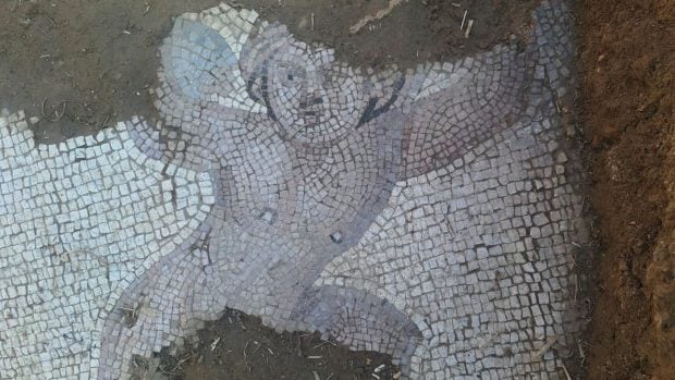 Detalle de uno de los seis mosaicos romanos del siglo IV hallados en Qesarat, en el sur de Albania, con una figura alada identificada como Eros. Foto: Parque Nacional del R&iacute;o Salvaje Vjosa