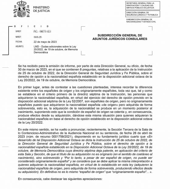 Oficio a los cónsules para aclarar sus dudas sobre el alcance del proceso para la obtención de la nacionalidad