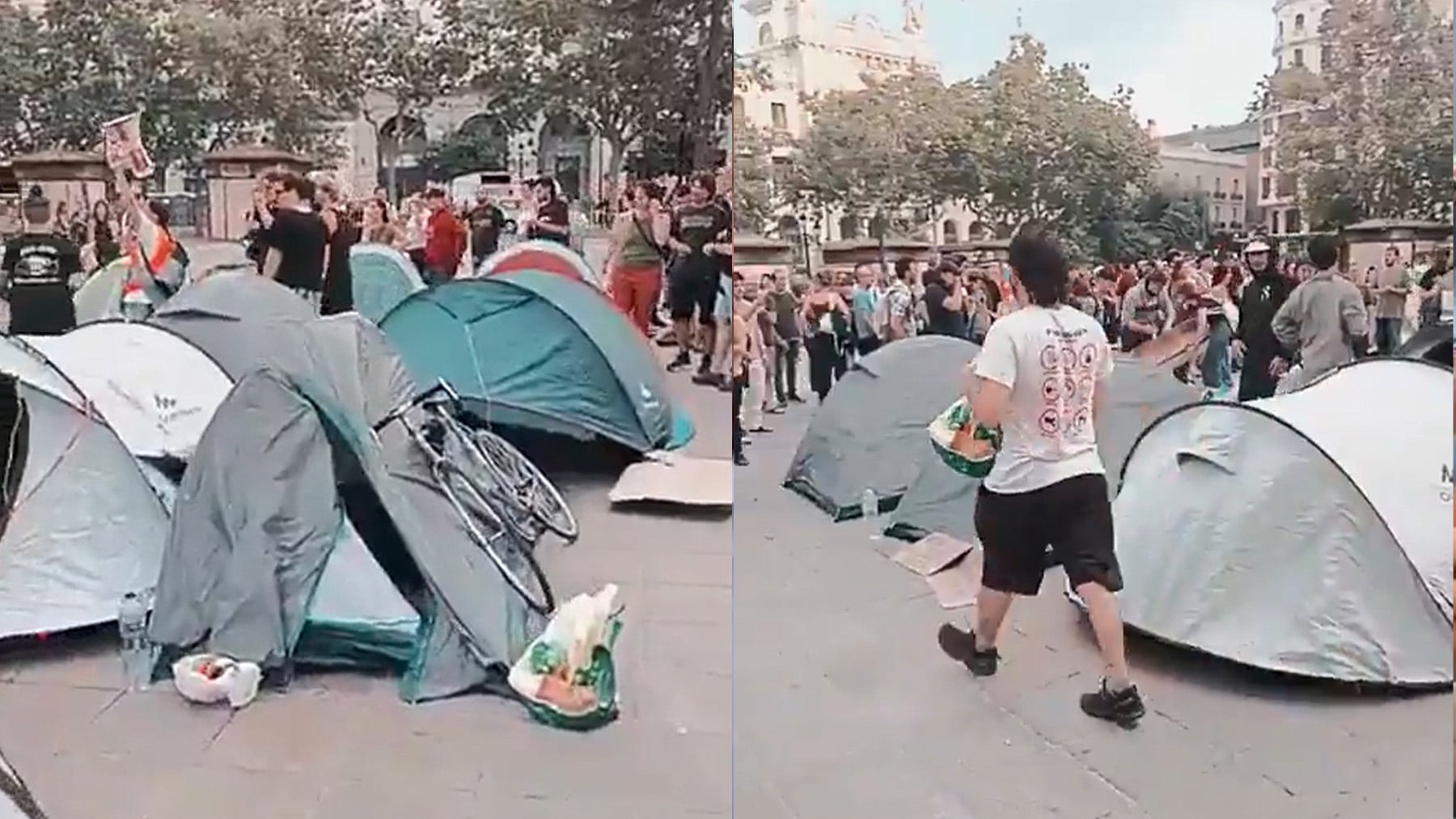 Un grupo de izquierda acampa en la Plaza del Ayuntamiento de Valencia tras la manifestación que dejó a nueve policías heridos