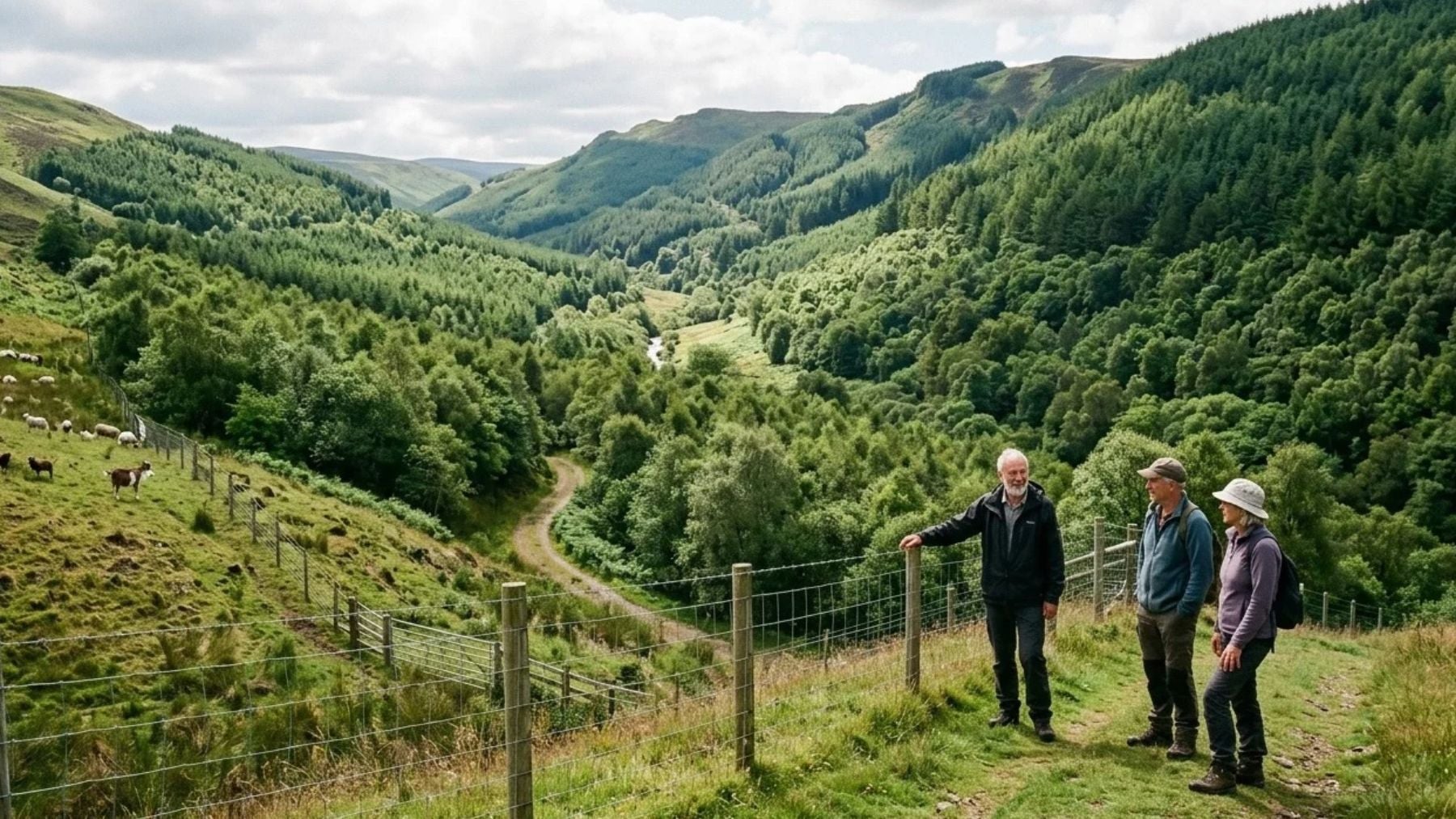 Recreación artística de un valle reforestado en Escocia. Foto: elaboración propia con IA