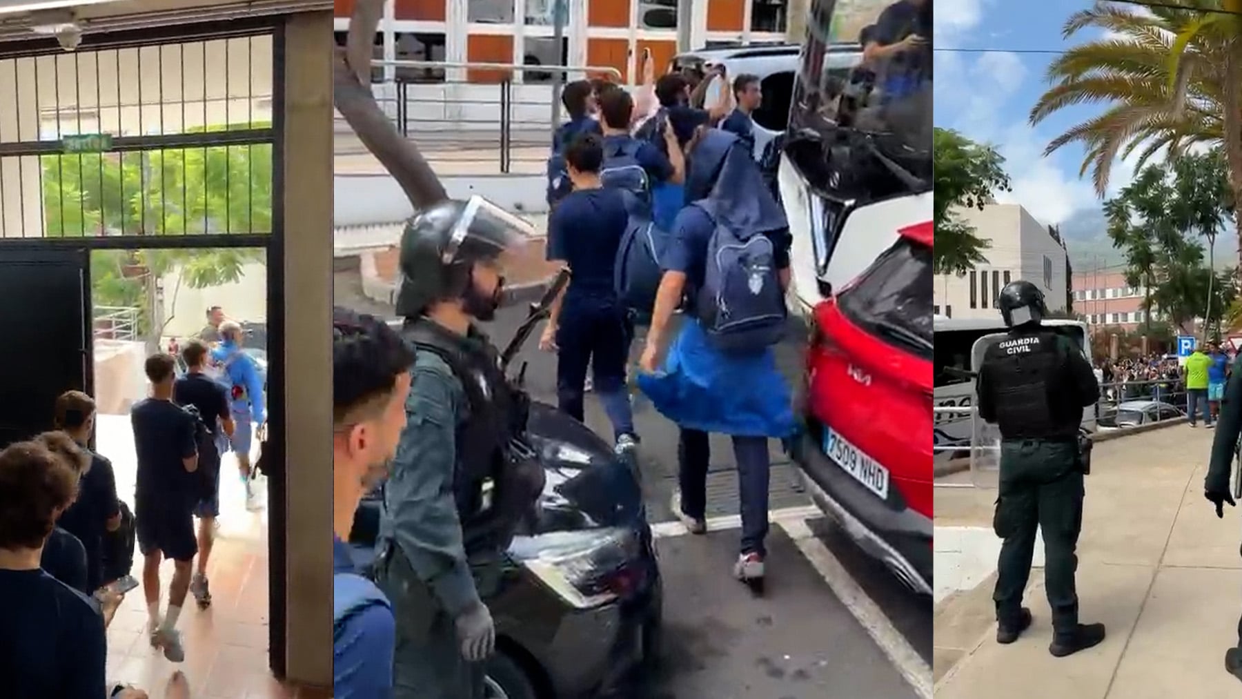 Agentes antidisturbios tienen que escoltar a los jugadores del Sporting Hortaleza a su salida del campo en Güímar