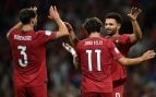 Rúben Dias, Joao Félix y Goncalo Ramos celebran un gol de Portugal