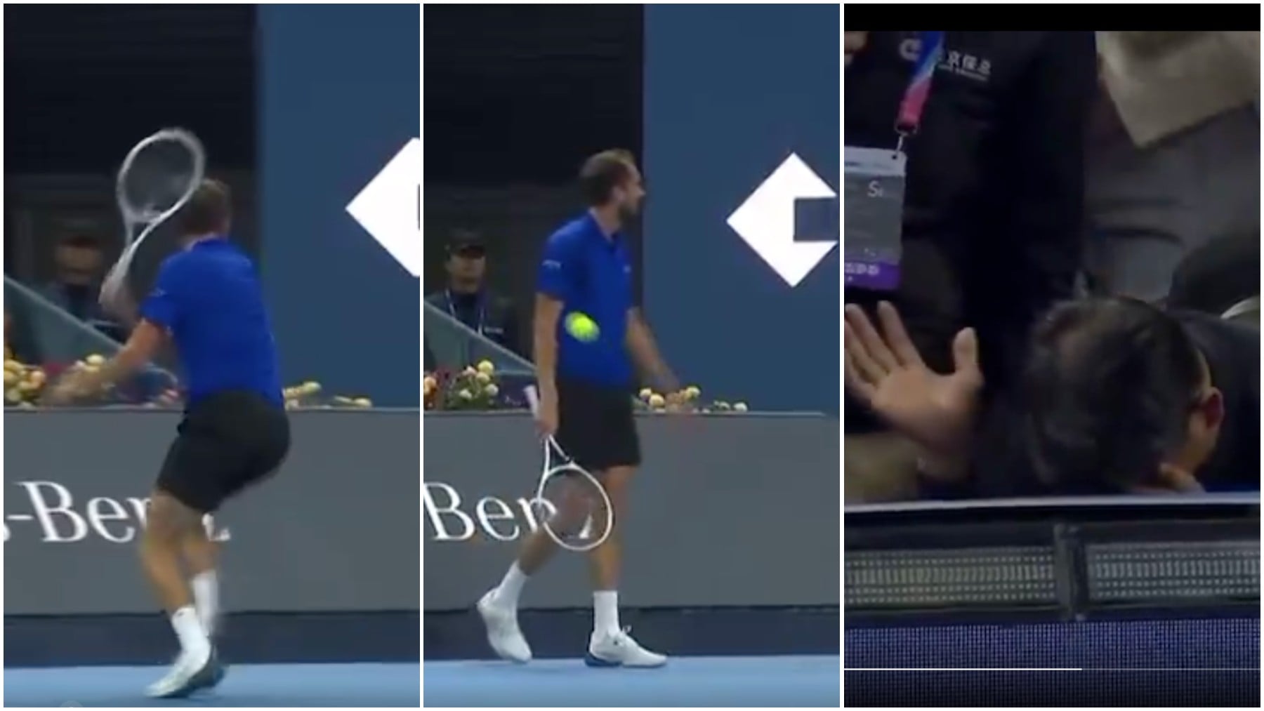 Descalifican a Medvedev por darle un pelotazo en un ojo a un aficionado cuando perdía contra Djokovic