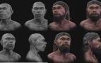 Aproximación facial digital del individuo de Jebel Irhoud (Marruecos), de unos 315.000 años, en cuatro vistas: a la izquierda, en escala de grises y sin pelo; a la derecha, con pelo, barba y color de piel. Foto: Moraes et al., revista Heritage