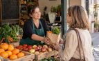 vendedora, venta, frutas, comercio