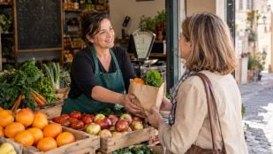 vendedora, venta, frutas, comercio