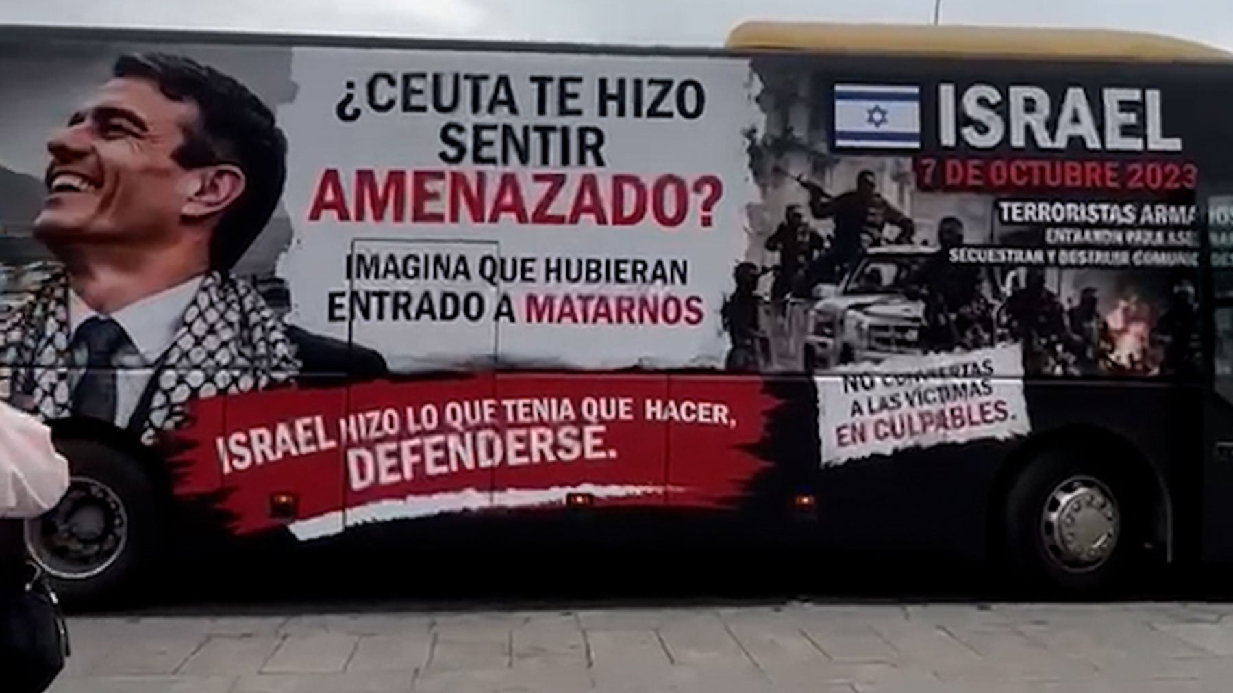 Un autobús recorre Madrid para recordarle a Sánchez la masacre de Hamás: ¿Ceuta? Imagina que hubieran entrado a matarnos