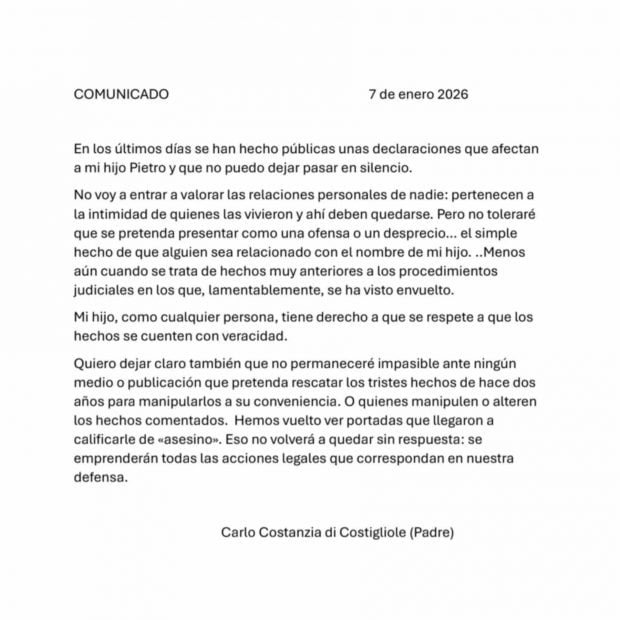 Comunicado de Carlo Costanzia di Costigliole. (Foto: RRSS)