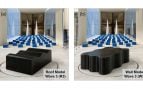 Maquetas negras impresas en 3D con tejado y muros ondulados sobre la plataforma de un túnel de viento