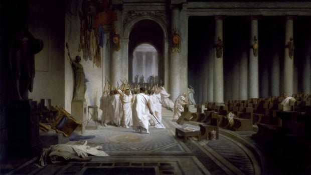 "La muerte de César", de Jean-Léon Gérôme, recrea los instantes posteriores al asesinato de Julio César en los idus de marzo del año 44 a. C. Foto: Museo de Arte Walters vía Wikimedia Commons - Dominio público