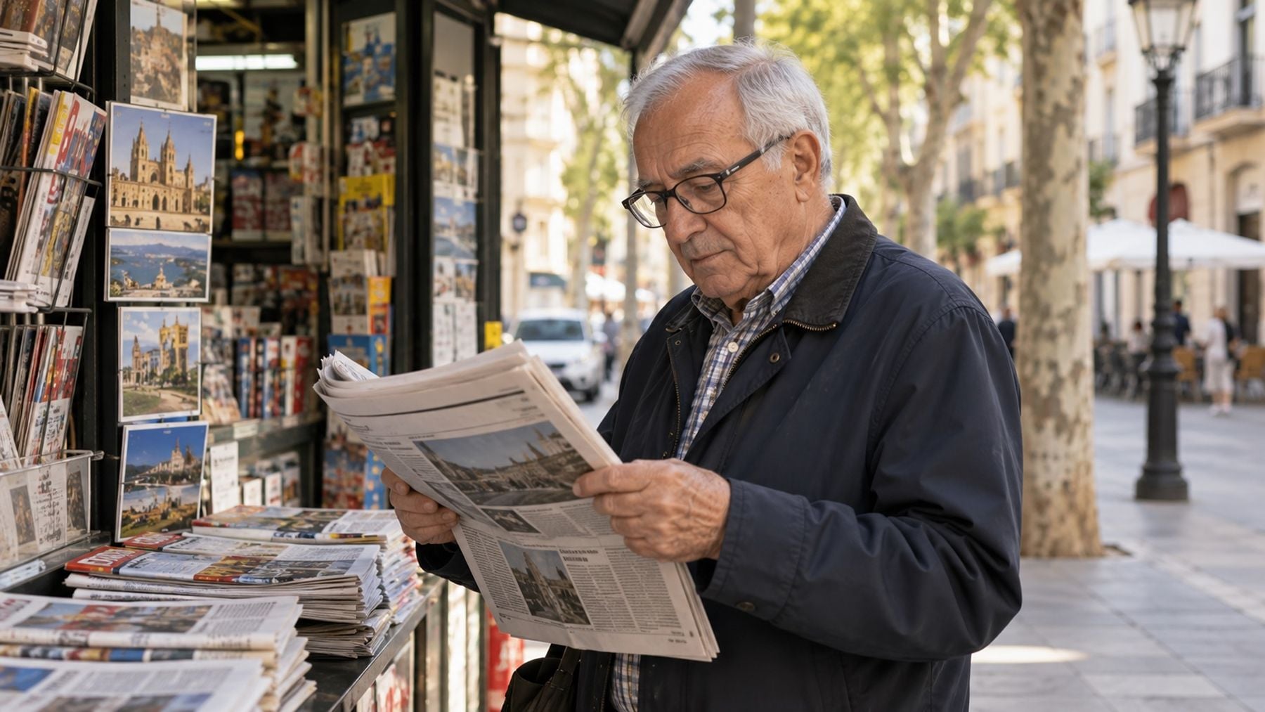 Persona mayor leyendo el periódico junto a un quiosco. (Foto generada con IA)