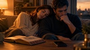 Pareja, sofá, conversación
