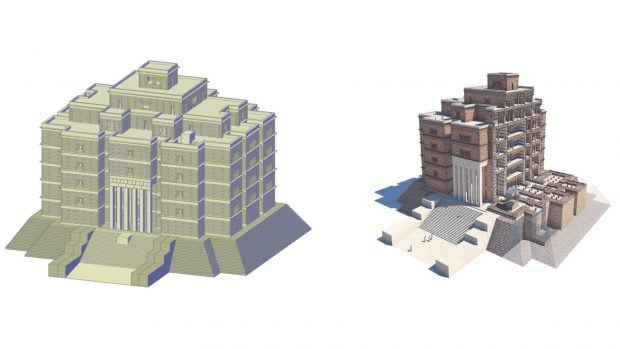 A la izquierda, el modelo 3D en CAD del dise&ntilde;o estructural del palacio Grat Be'al Gibri, en Yeha, en el norte de Etiop&iacute;a. A la derecha, un corte de la reconstrucci&oacute;n virtual del edificio, con cinco plantas y tres pisos superiores escalonados. Im&aacute;genes: Heritage - MDPI (izquierda) y artefacts-berlin.de (derecha)