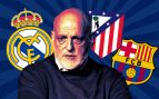 Javier Tebas junto a los escudos del Real Madrid, Atlético de Madrid y Barcelona