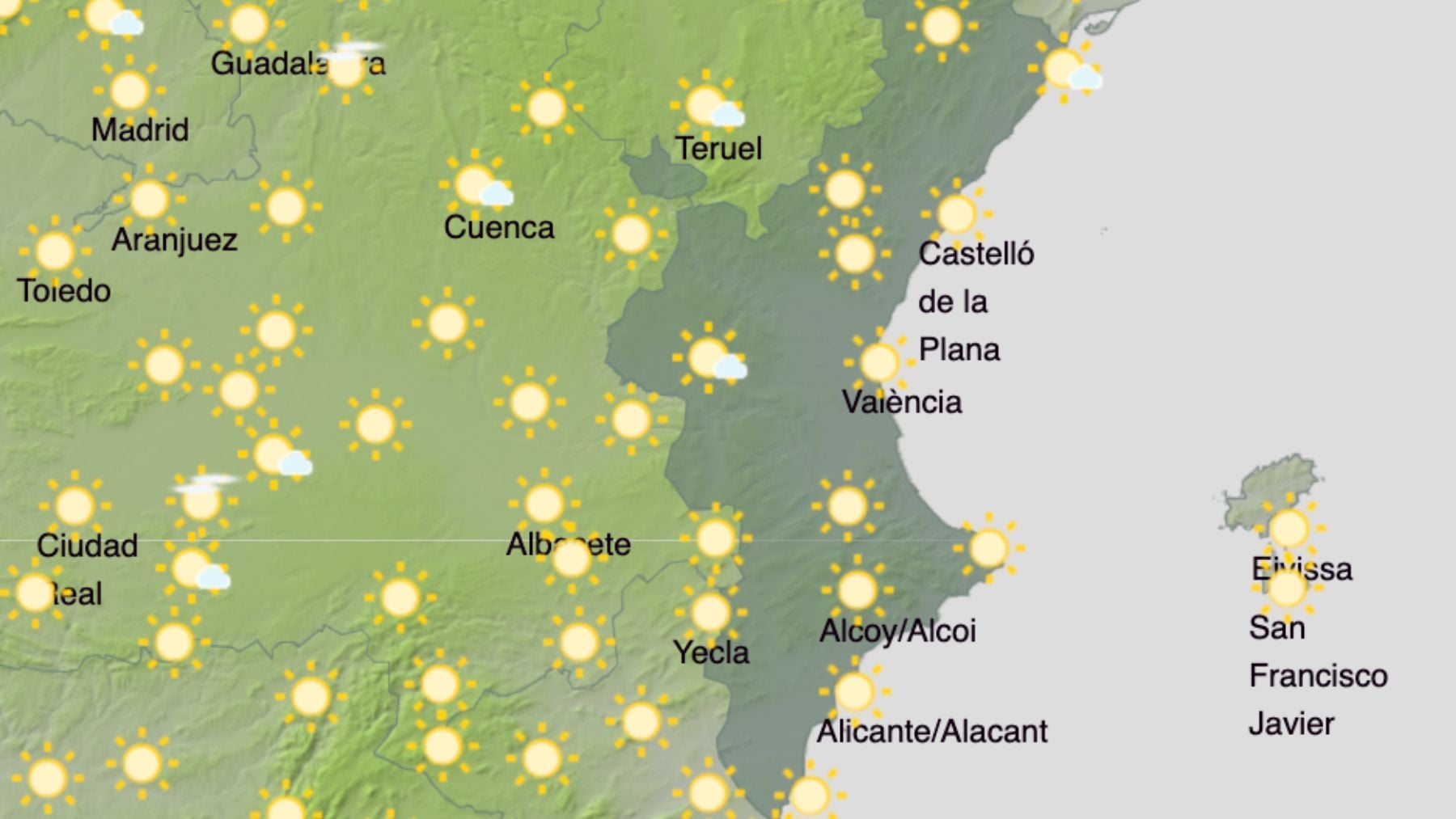 El mapa del tiempo de la Comunidad Valenciana. (Foto: AEMET)