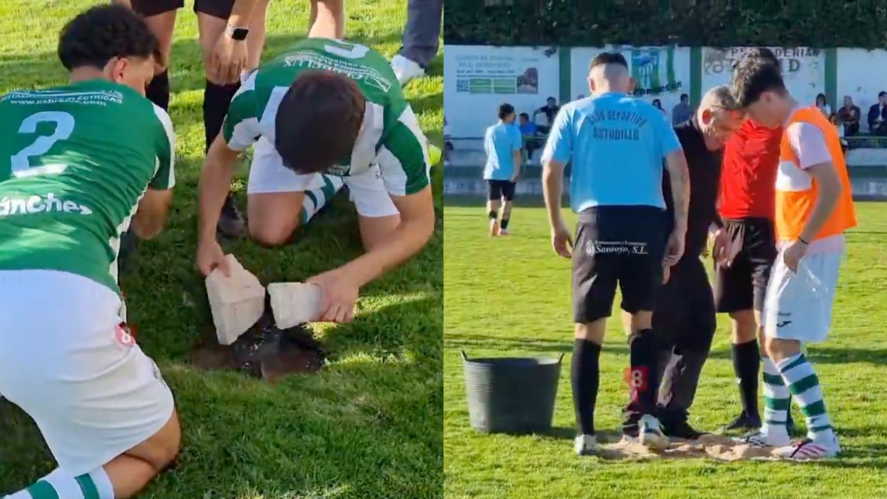 Ver para creer: un socavón detiene el Cebrereña - Astudillo y lo rellenan con hormigón en pleno partido