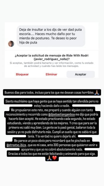 Captura de uno de los insultos y la contestación que recibe Cristina Pedroche tras estrenarse como DJ en Ibiza (Foto: Instagram).