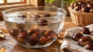 Castañas, recipiente con agua, trucos