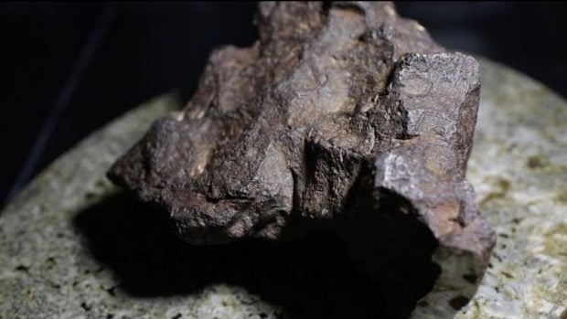 El meteorito de Edmore, apoyado sobre una base de piedra. Foto: Universidad Central de Michigan